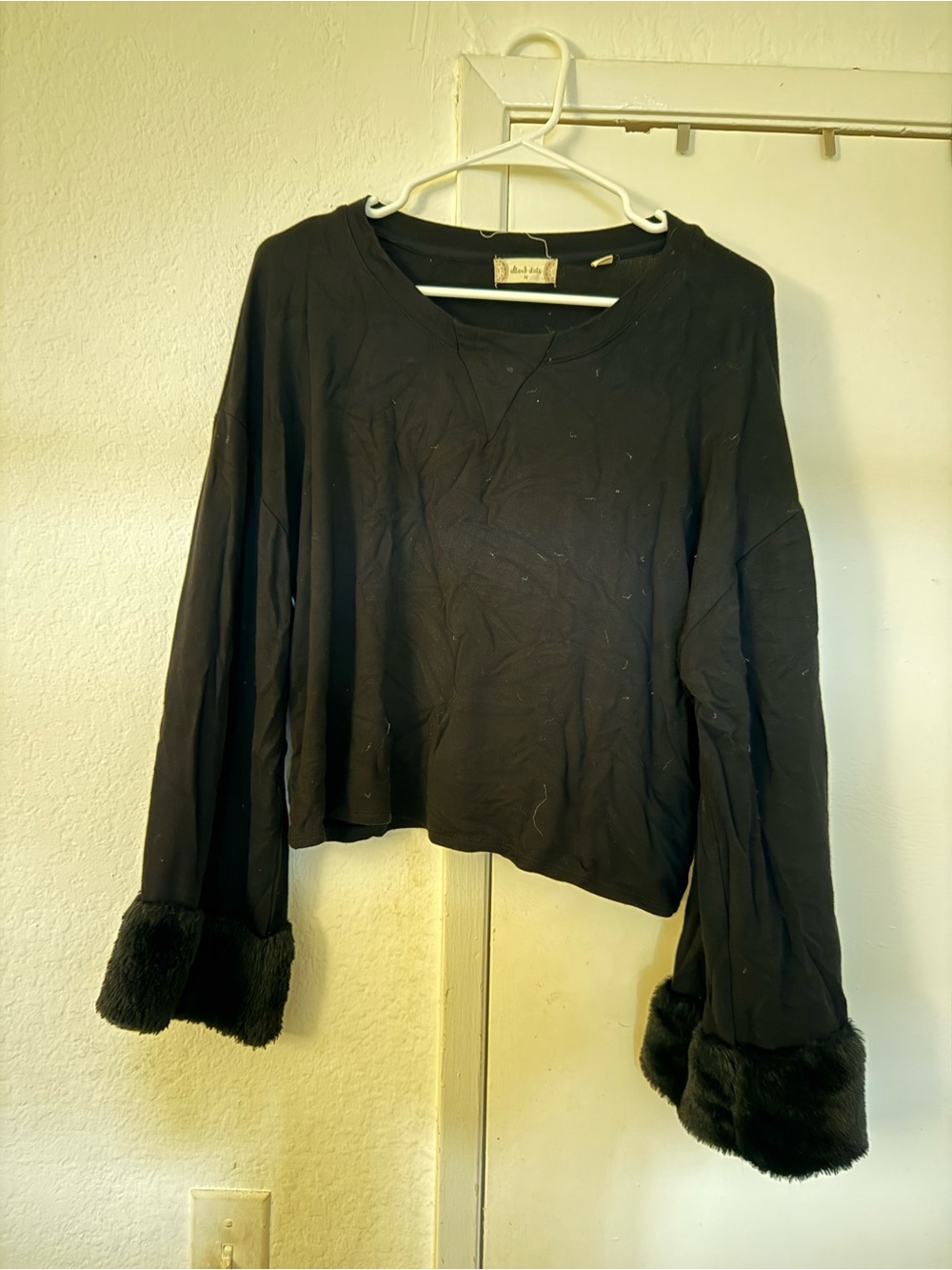 Altar'd State Black Long-Sleeve Top with Faux-Fur Cuffs